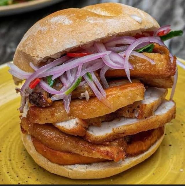Chicharron pork belly burger